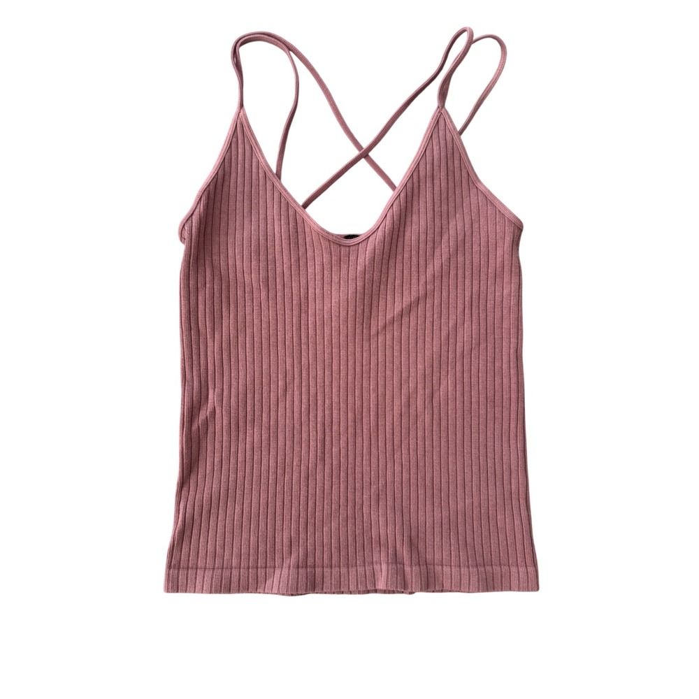 By Together Womens Ribbed Tank Top Cami Cross Back Sleeveless Pink S/M